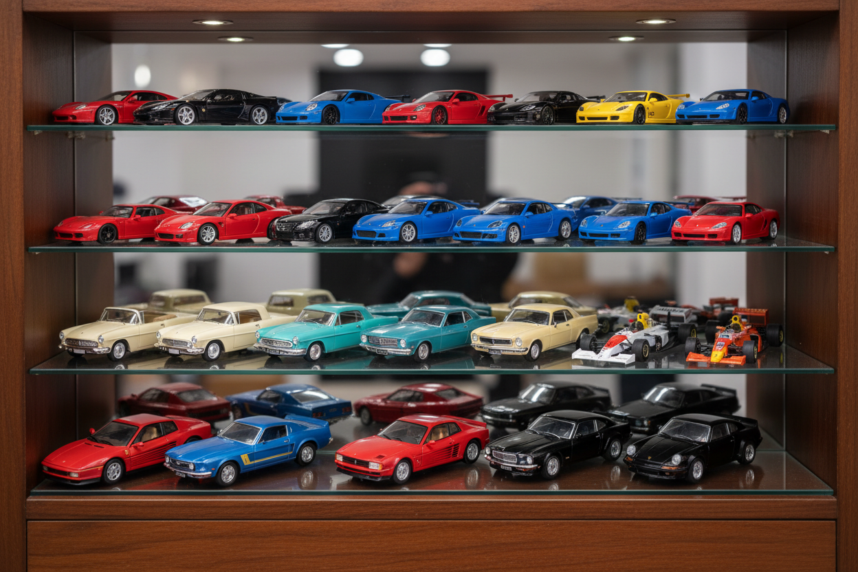 creame una foto de un estante con muchos carros a escala